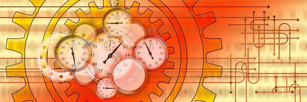 A graphic of clocks in a cog