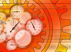 A graphic of clocks in a cog